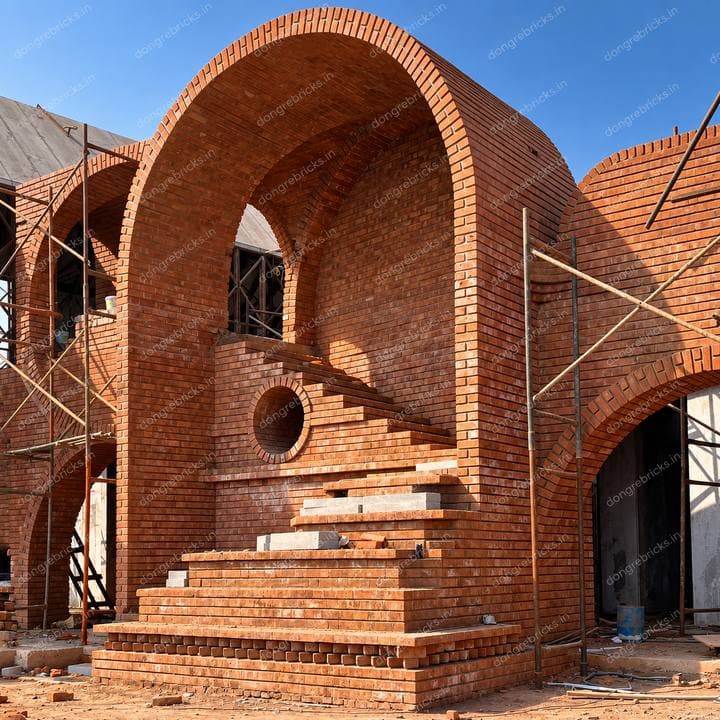 Monumental brick arch with corbelled steps and a circular oculus, under construction