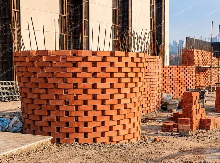 Close view of the curved wall; stacked bricks show a single round perforation per end